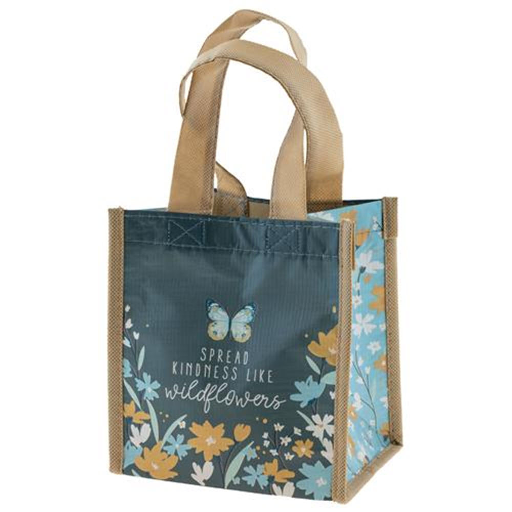 Karma reusable shopping bag made from recycled materials, featuring a floral design and the phrase &quot;Spread kindness like wildflowers.