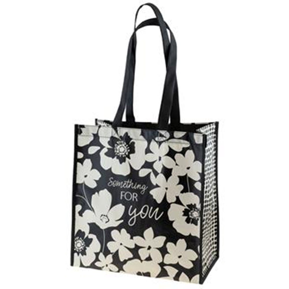 A black and white floral reusable tote bag made from recycled materials, with the phrase &quot;something for you&quot; written on it - Karma Large Gift Bag Ink