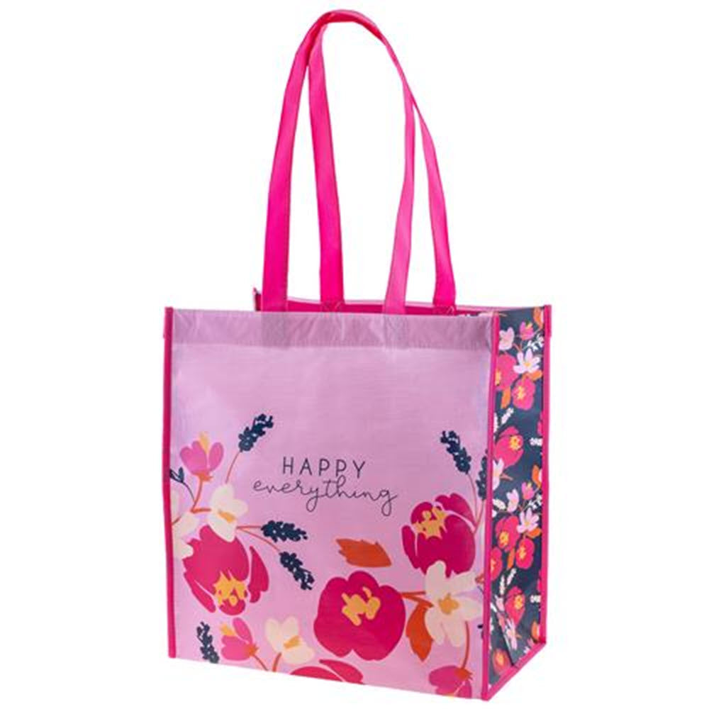 Reusable pink KARMA LARGE GIFT BAG HAPPY EVERYTHING tote bag, crafted from recycled materials, with floral design and &quot;happy everything&quot; text.