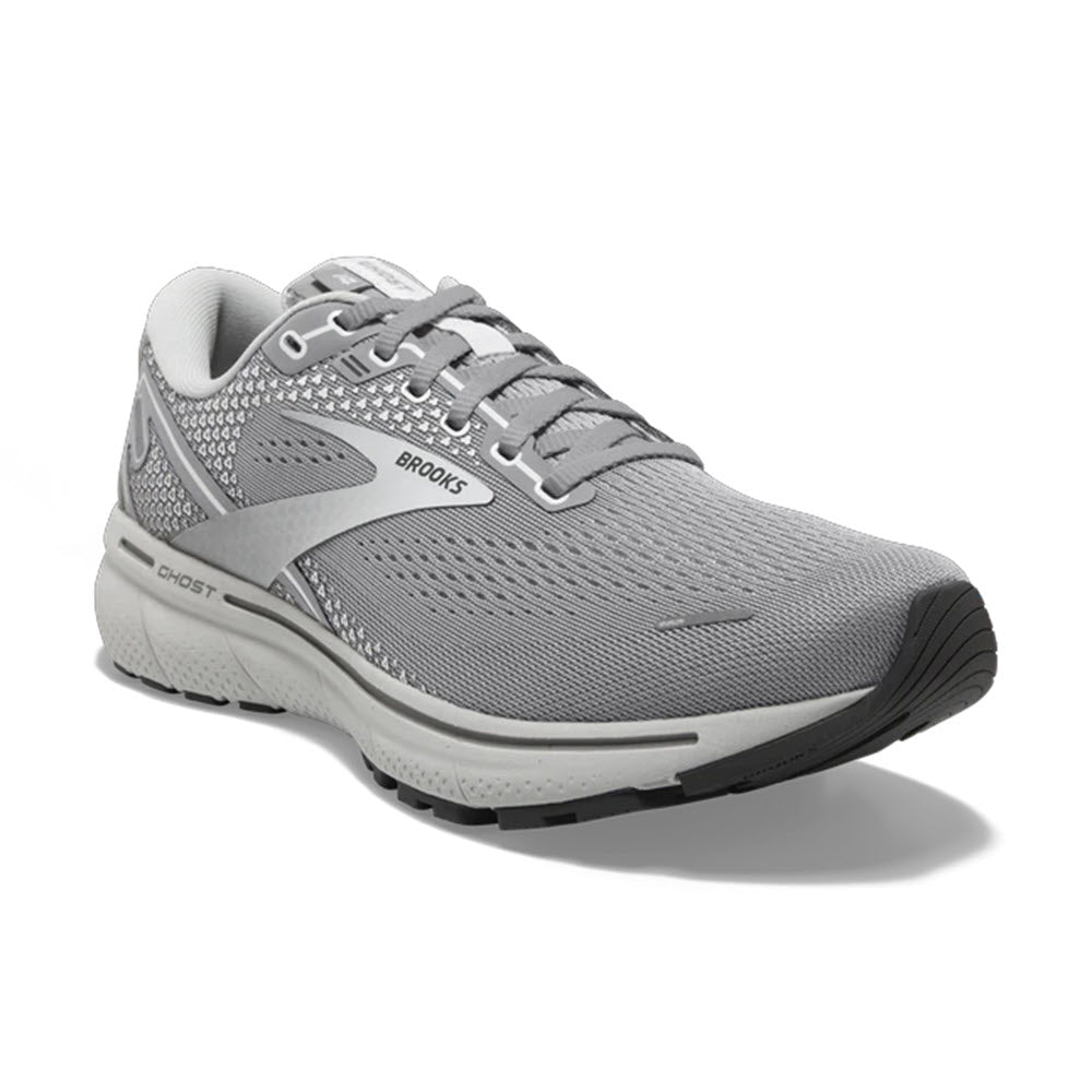 A grey Brooks Ghost 14 Alloy/Primer Grey/Oyster women&#39;s running shoe with cushioning technology on a white background.