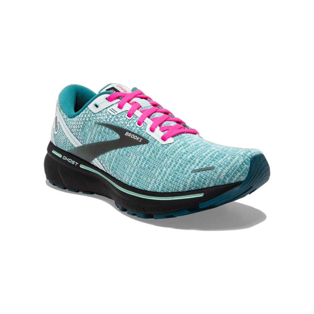 A single blue and pink Brooks Ghost 14 women&#39;s running shoe, featuring advanced cushioning technology, displayed against a white background.
