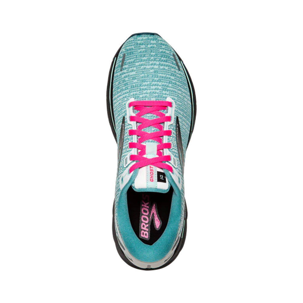 Top view of a single Brooks Ghost 14 White/Black/Blue Light women&#39;s running shoe.