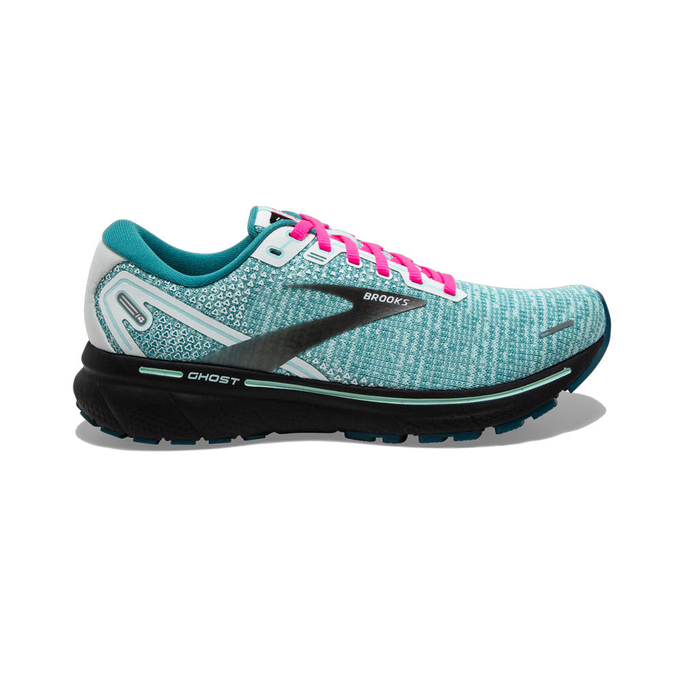 A single BROOKS GHOST 14 WHITE/BLACK/BLUE LIGHT women&#39;s running shoe with pink laces on a white background.