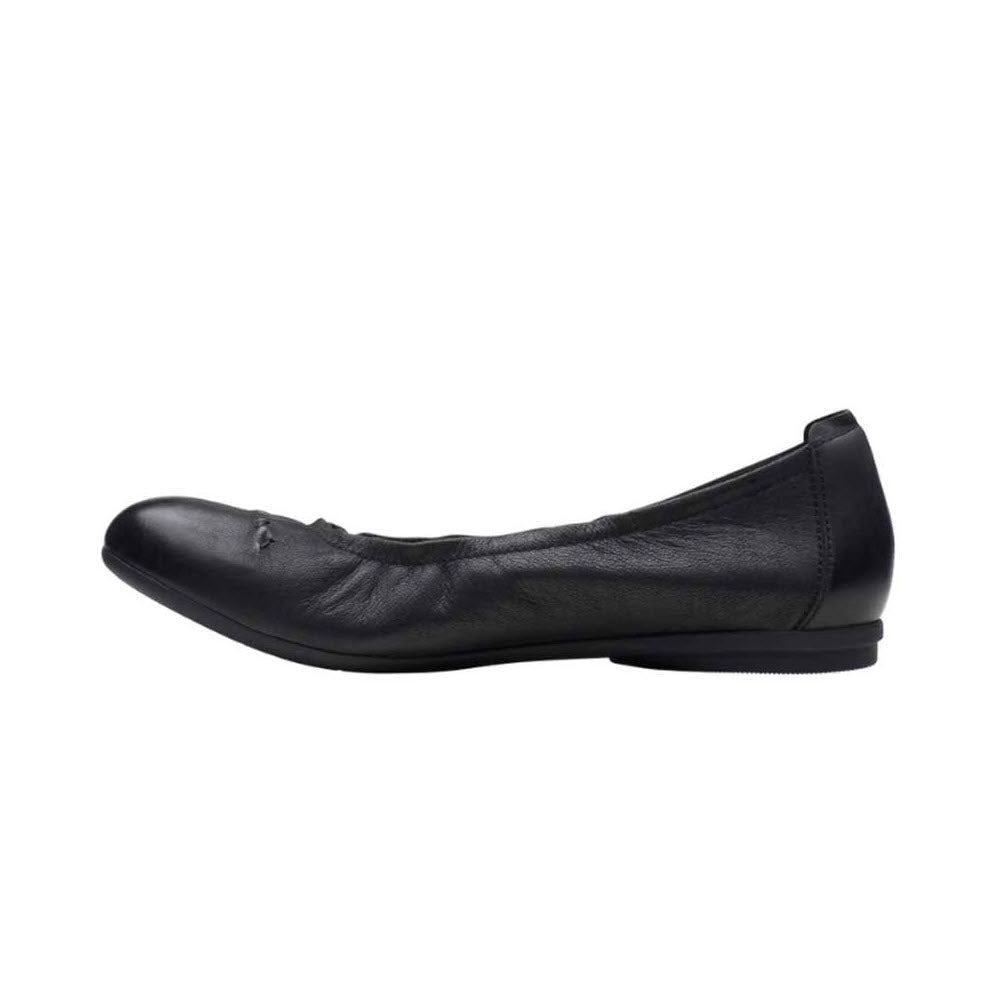 A single Clarks Rena Hop Black women&#39;s ballet flat with a rubber sole on a white background.