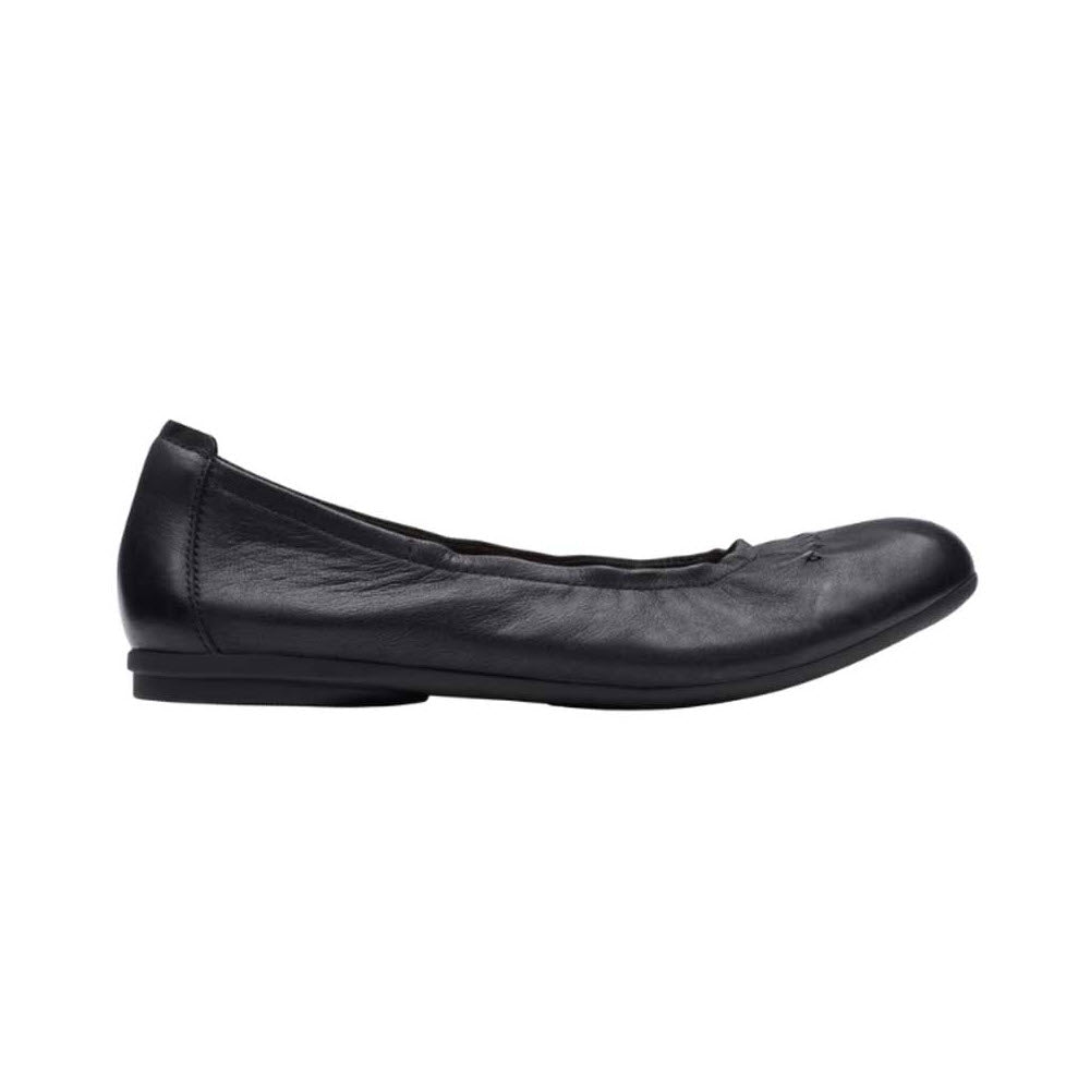 A Clarks Rena Hop Black - Womens ballet flat shoe with a rubber sole displayed against a white background.