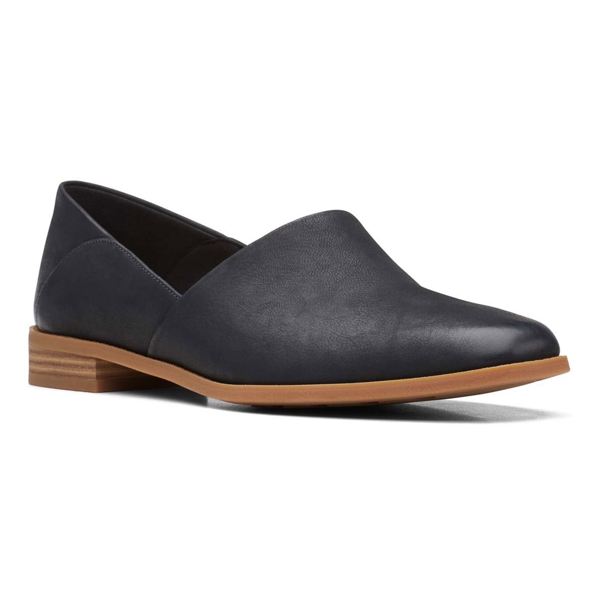 A Clarks Pure Belle black leather loafer with a low wooden heel and a slip-on design, featuring a Contour Cushion footbed, displayed against a white background.