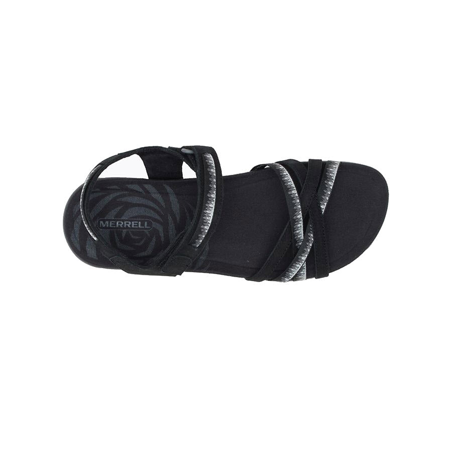 Sentence with replacement: A single black Merrell Terran 3 Cush Lattice sandal with grey straps, viewed from the top against a white background.