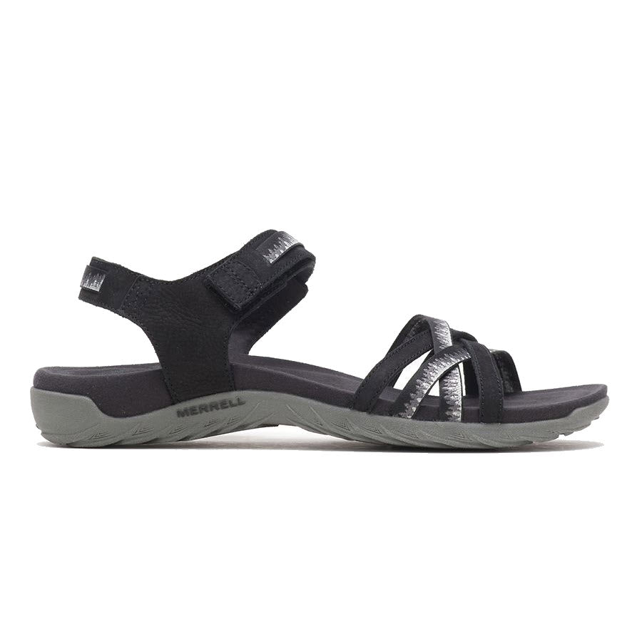 A pair of black Merrell Terran 3 Cush Lattice sandals with adjustable hook and loop closure straps and a gray sole, displayed on a white background.