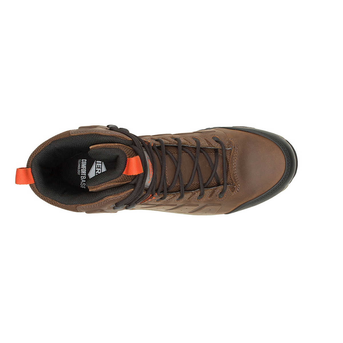 Top view of a brown Merrell Phaserbound 2 Mid Waterproof CF hiking boot with orange accents and laces on a white background.