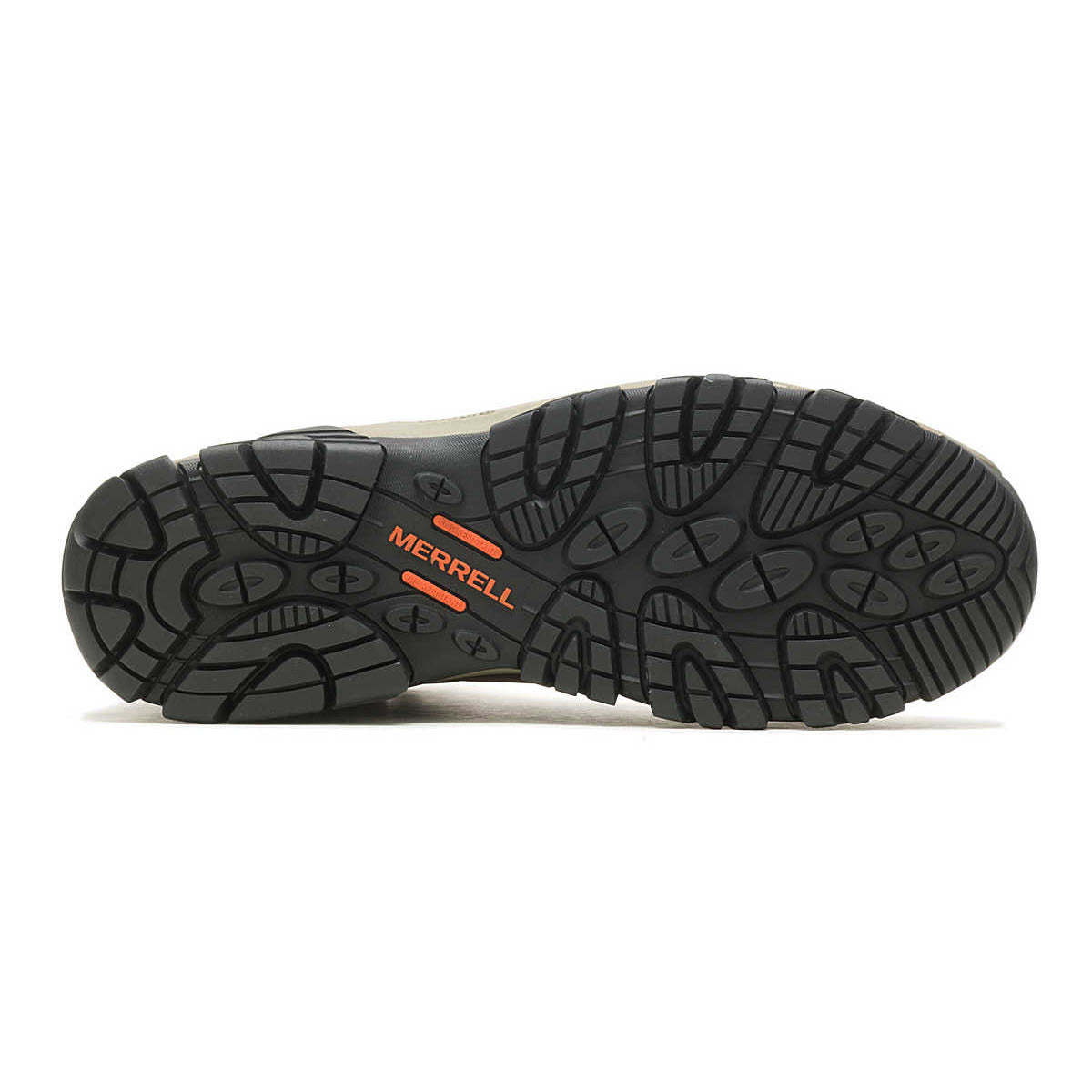 Bottom view of a Merrell Phaserbound 2 Mid Waterproof CF shoe showcasing its black treaded sole with brand logo.