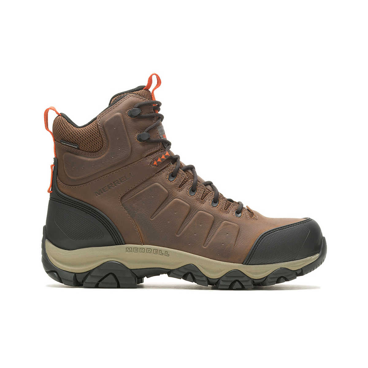 A single brown Merrell Phaserbound 2 WTP CF Earth/Orange hiking boot with black and beige details, featuring orange accents and the brand logo. It includes a COMFORTBASE rubberized EVA midsole for enhanced support.