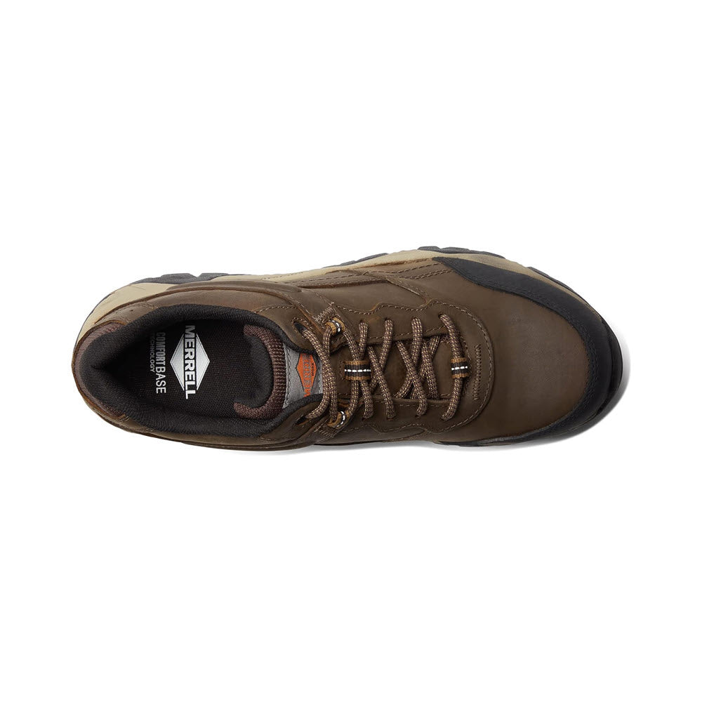 Top view of a single Merrell Men&#39;s Moab Adventure Carbon Fiber Toffee Sneaker with brown leather and dark laces on a white background.