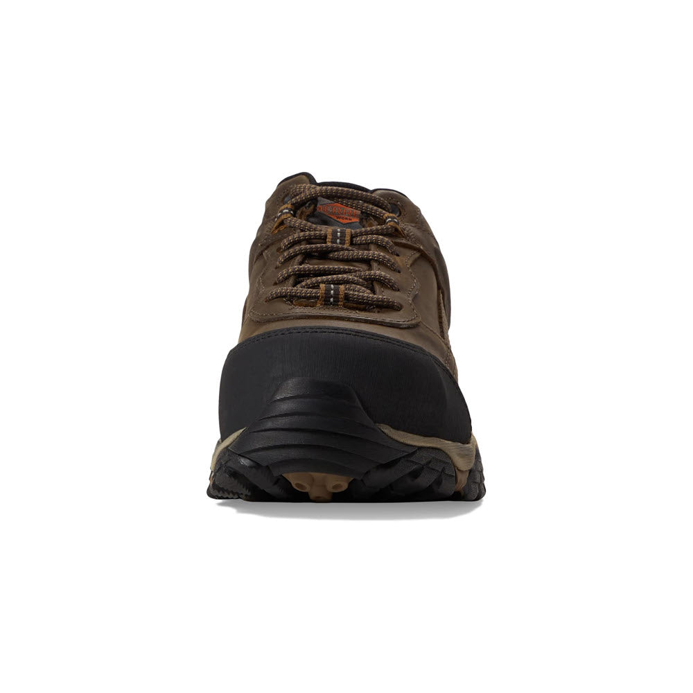 Front view of a Men&#39;s Merrell Moab Adventure Carbon Fiber Toffee Sneaker, with black and beige accents, showcasing the carbon fiber safety toe and treaded sole with laces.