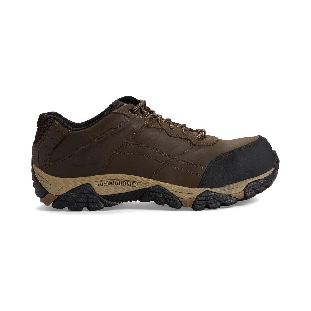 A single brown Men&#39;s Merrell MOAB ADVENTURE CARBON FIBER TOFFEE hiking shoe with a carbon fiber safety toe, and black and beige soles, displayed on a white background.