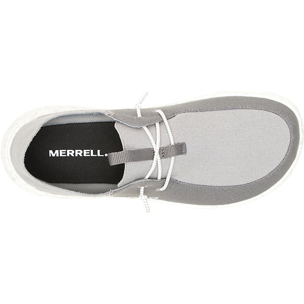 Top view of a grey Merrell Hut Moc 2 Canvas Paloma shoe with white laces and a black interior, isolated on a white background.