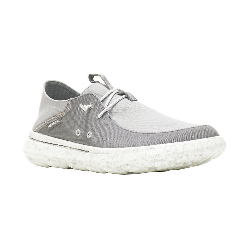 Single gray Merrell Hut Moc 2 Canvas Paloma - Mens casual shoe with lace-up front and BLOOM® midsole, featuring a white sole on a white background.