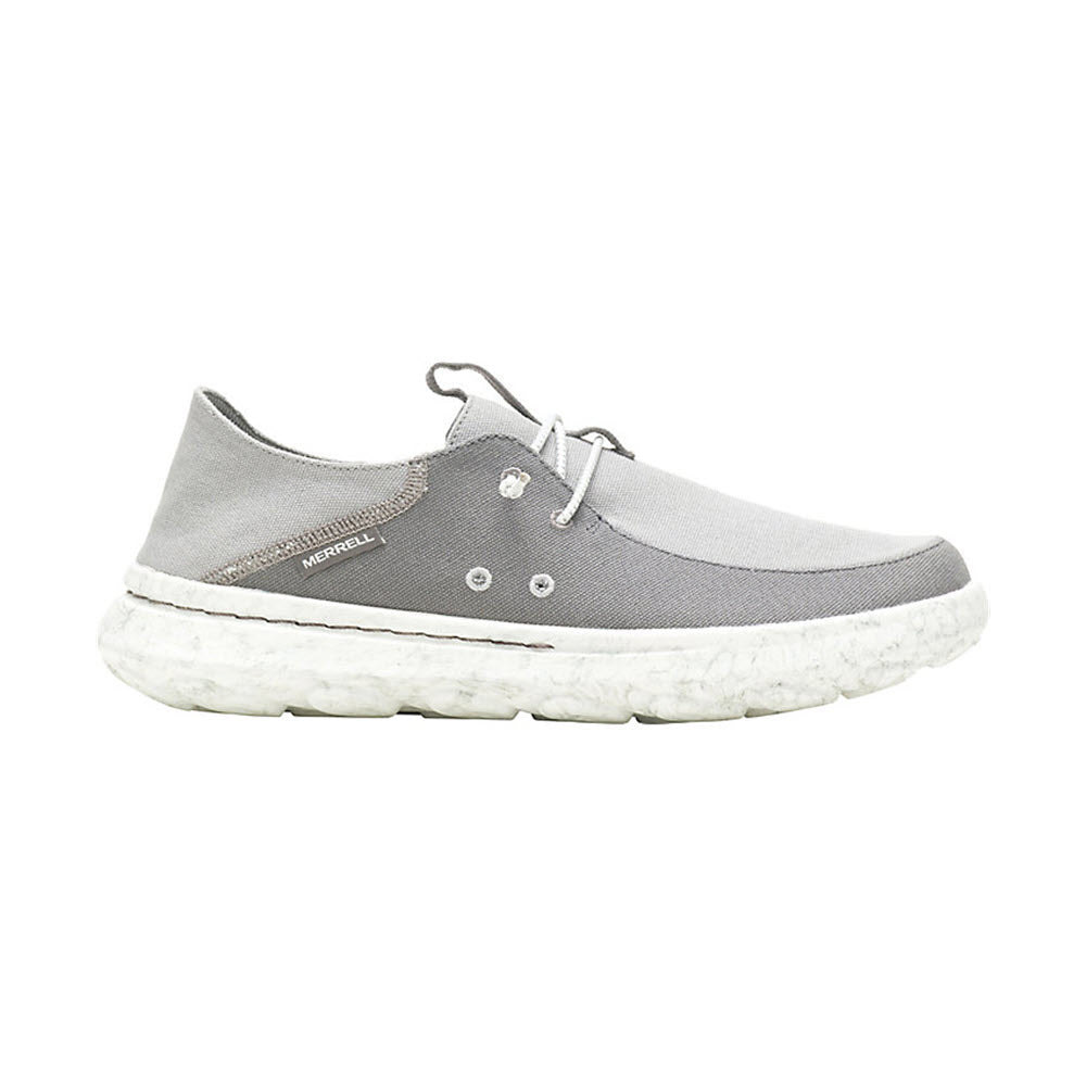 Gray Merrell Hut Moc 2 Canvas Paloma sneaker with white sole, lace-up front, and a visible branding label on the side.
