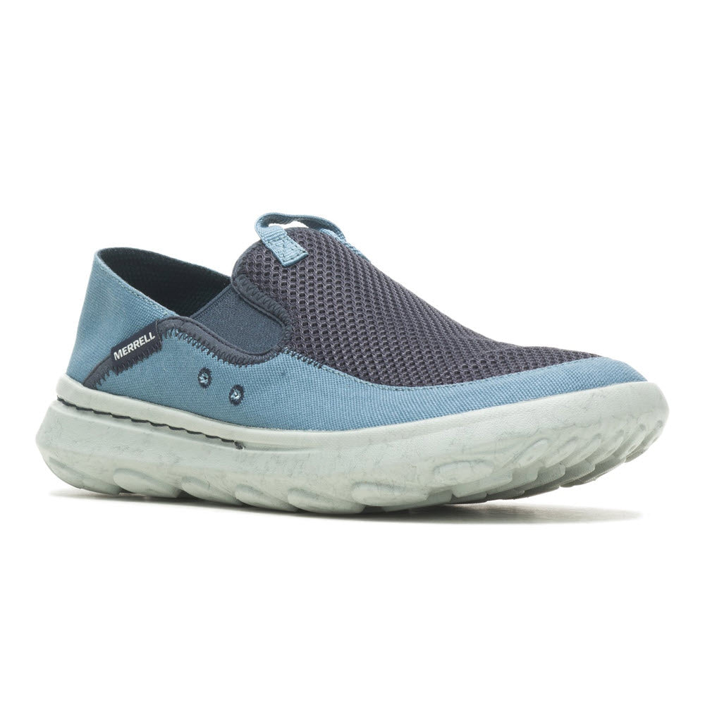 A Merrell Hut Moc Sport Navy slip-on sneaker featuring a blue gradient design and a white sole, shown in a side profile view against a white background.