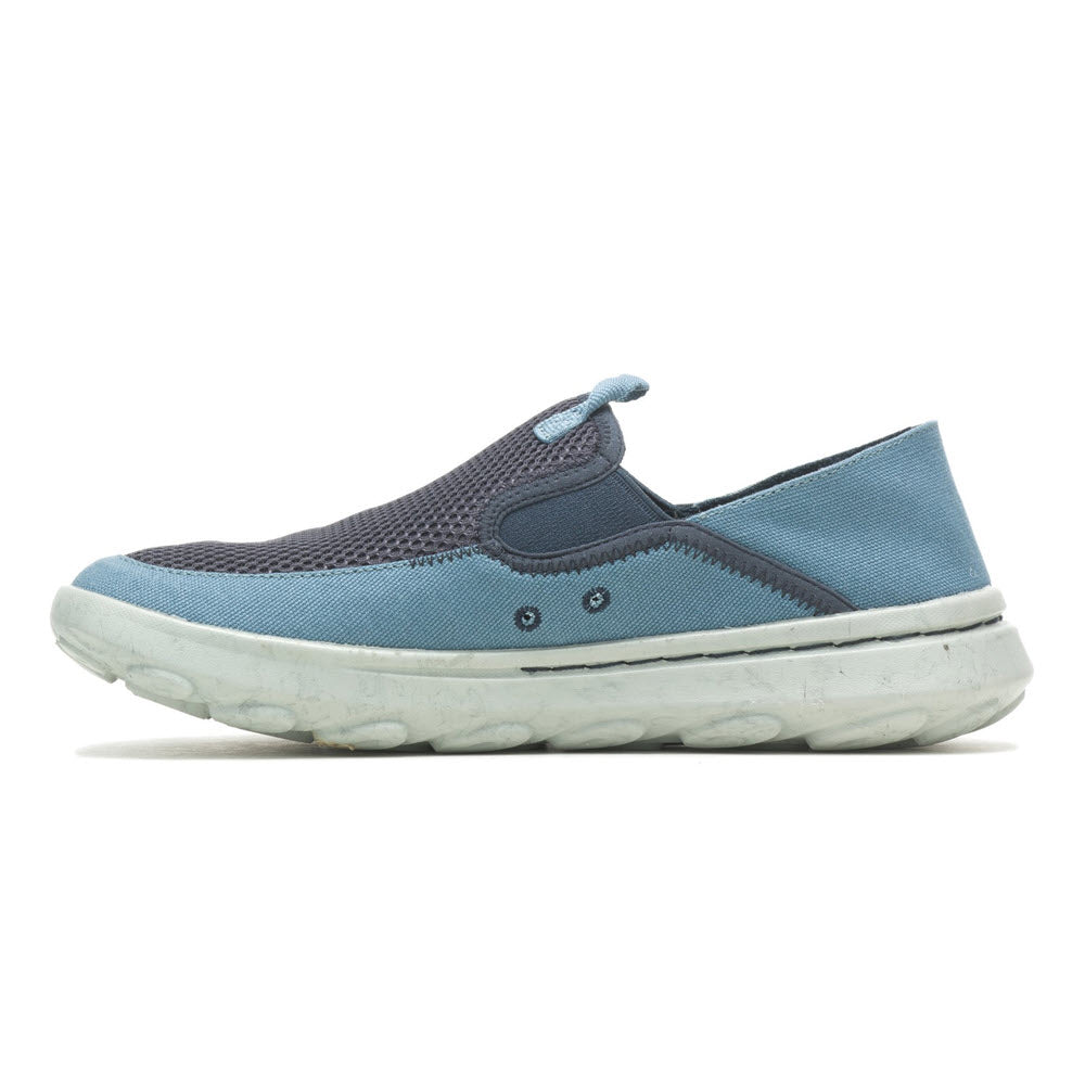 Side view of a blue and gray merrell HUT MOC SPORT NAVY slip-on shoe with a white sole on a white background.