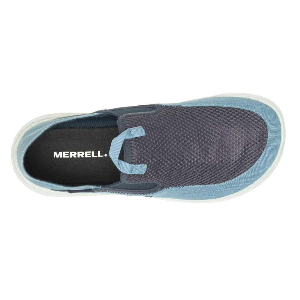 Top view of a single Merrell Hut Moc Sport Navy slip-on shoe in gray with blue accents featuring a breathable mesh and canvas upper.