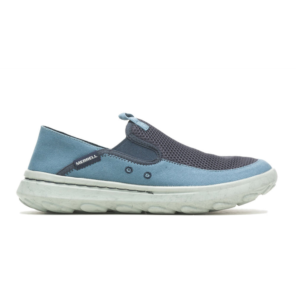 A single blue and gray Merrell Hut Moc Sport Navy slip-on shoe with a breathable mesh and canvas upper and white sole.