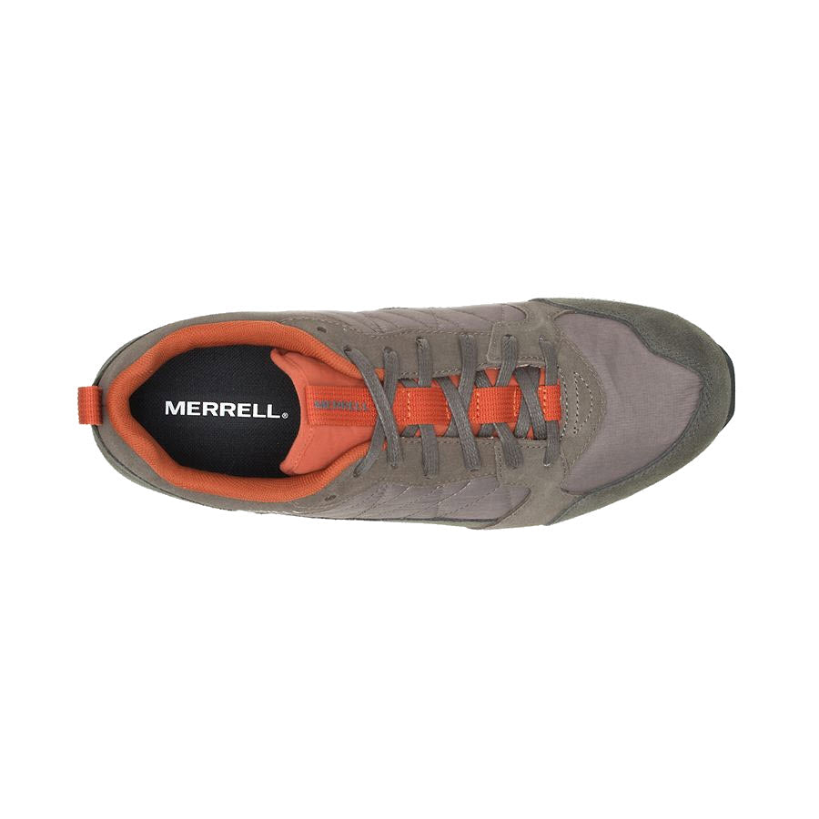 Top view of a gray Merrell Alpine Sneaker Beluga - Mens with orange laces and a visible brand logo on the insole.