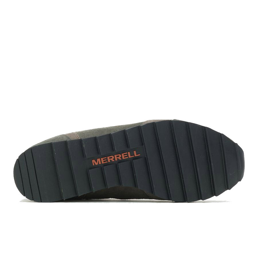 Sole of a Merrell Alpine Sneaker Beluga - Mens with ridged design and brand logo visible, displayed against a white background.