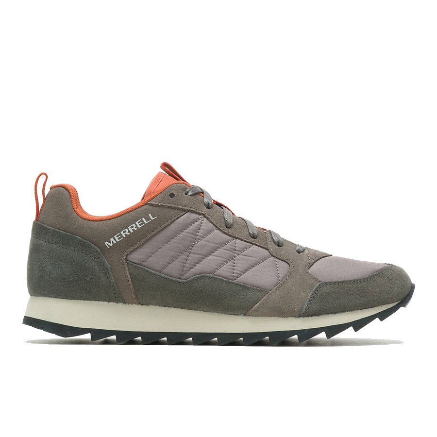 A Merrell Alpine Sneaker Beluga - Mens with gray and orange accents, featuring a white sole and stitched details.