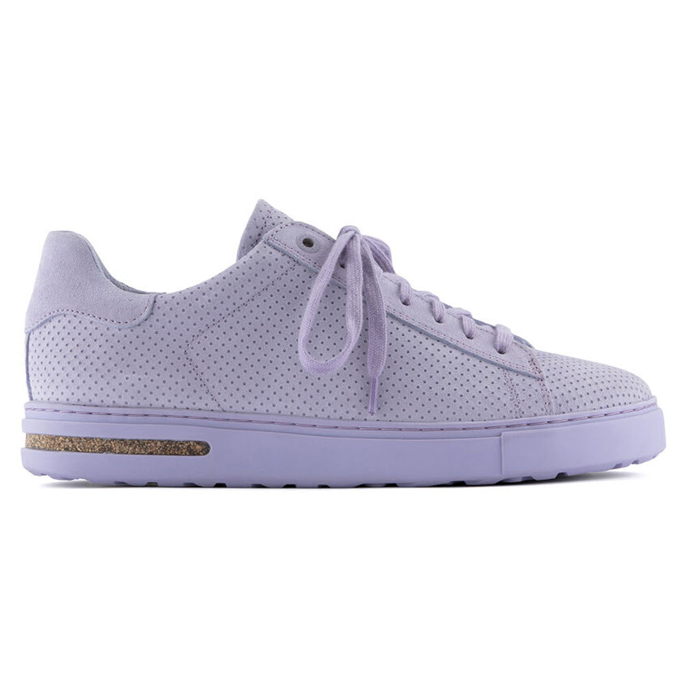 Side view of a light purple Birkenstock Bend Embossed Purple Fog sneaker with perforations, matching laces, and a glittery gold accent in the sole.