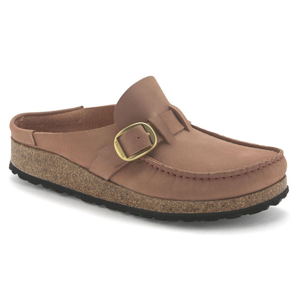 A single Birkenstock Buckley Old Rose Nubuck clog with a buckle on a white background.
