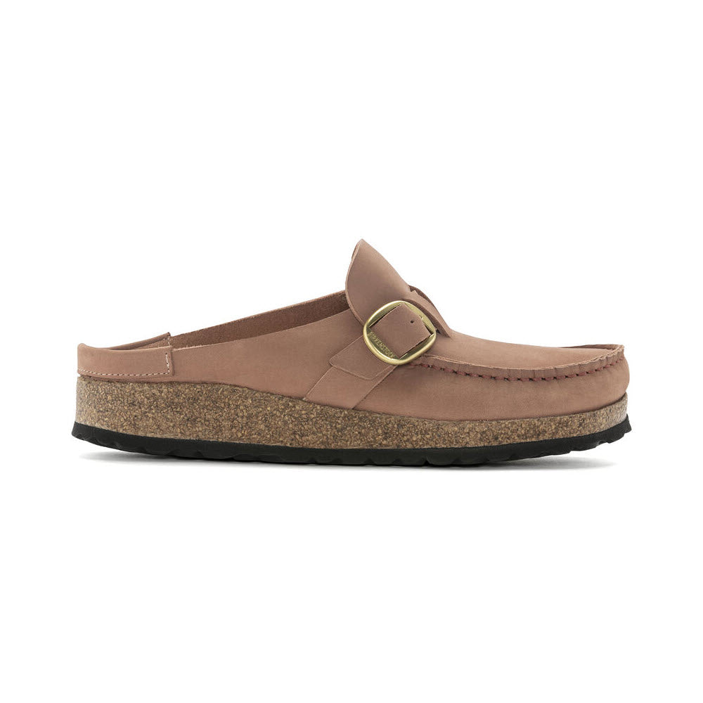 Brown Birkenstock Buckley Old Rose Nubuck clog with a buckle on a white background.