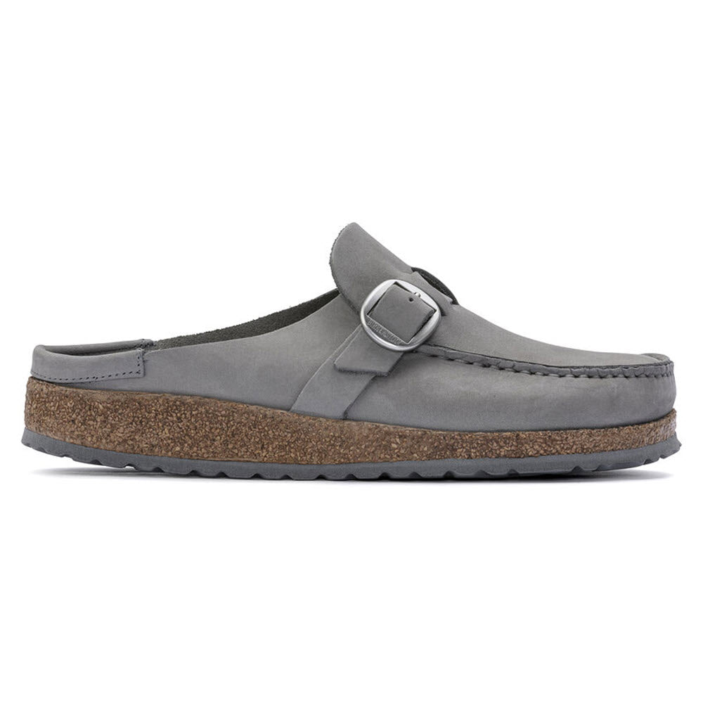 Birkenstock Buckley Dove Grey Nubuck clog with buckle detail and cork-latex footbed, isolated on a white background.