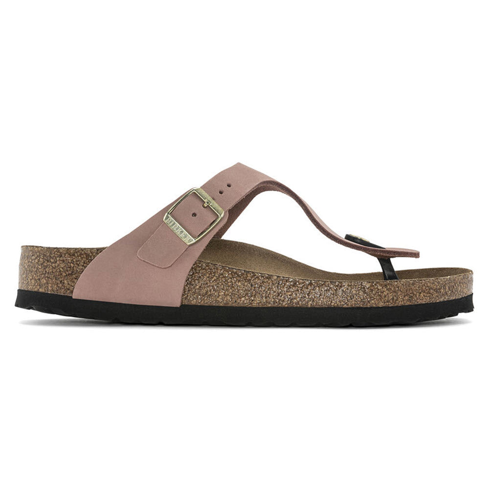 A single brown Birkenstock Gizeh thong sandal with a cork sole and a buckle strap over a white background.