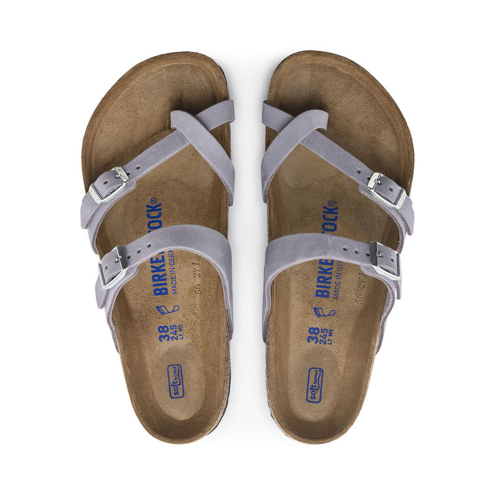 A pair of Birkenstock Mayari Purple Fog Nubuck sandals with gray straps, viewed from above on a white background.