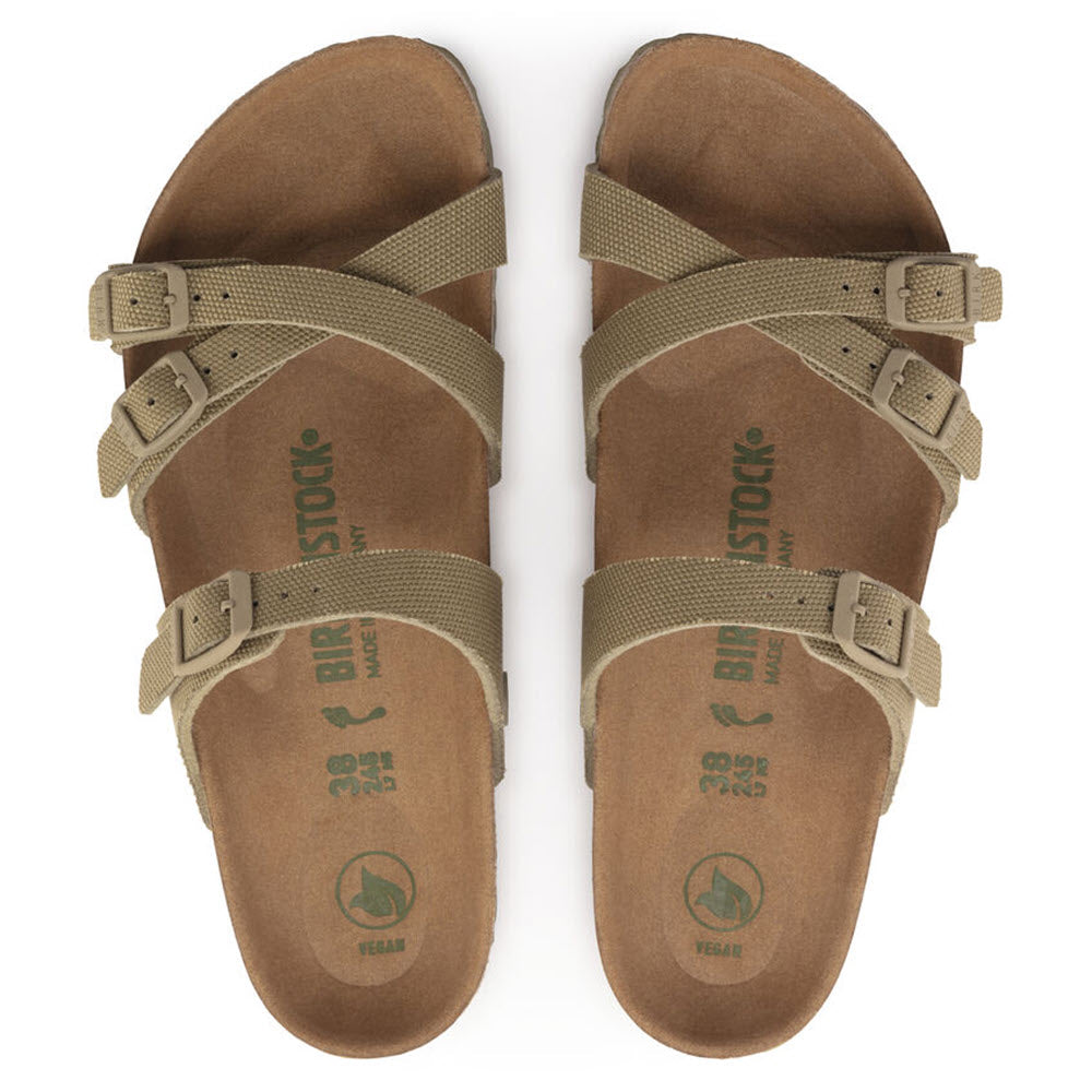 A pair of vegan Birkenstock Franca sandals with faded khaki canvas straps viewed from above.