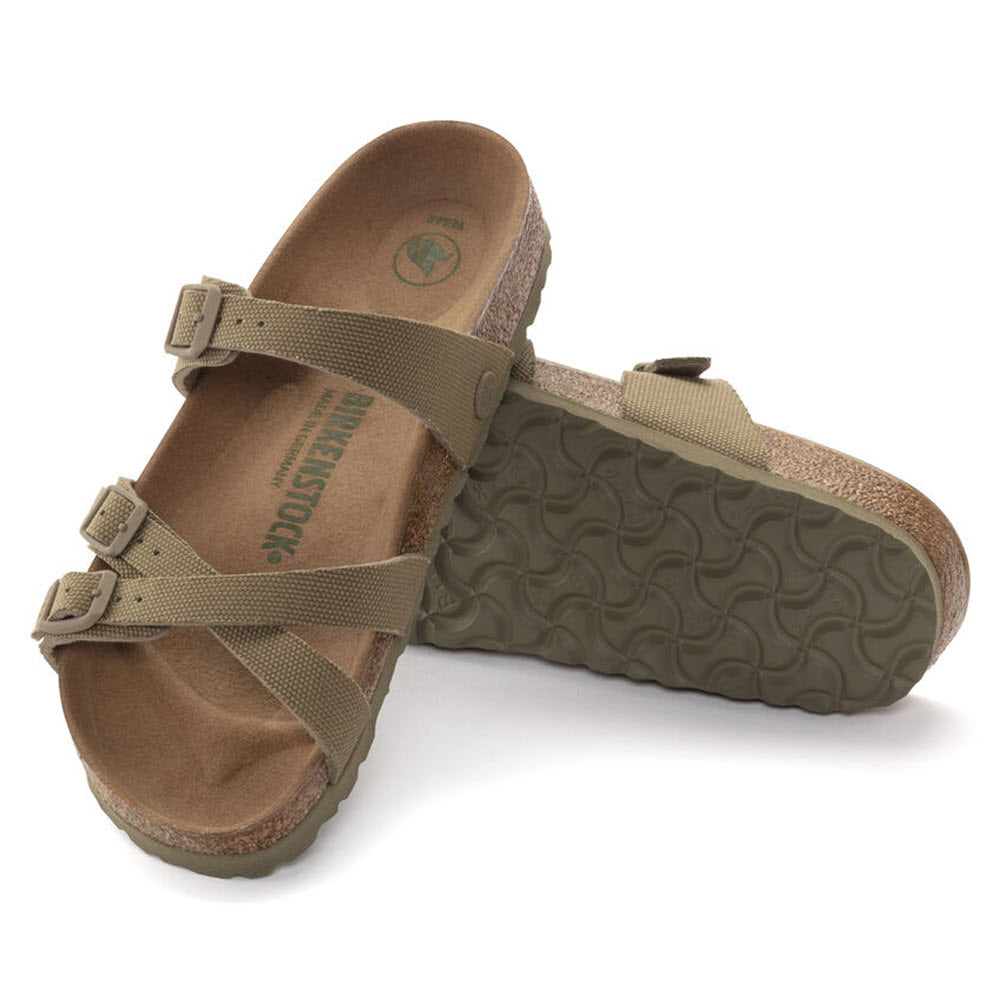 A pair of olive green vegan sandals with adjustable straps and a contoured Birkenstock footbed, viewed from the side on a white background.
