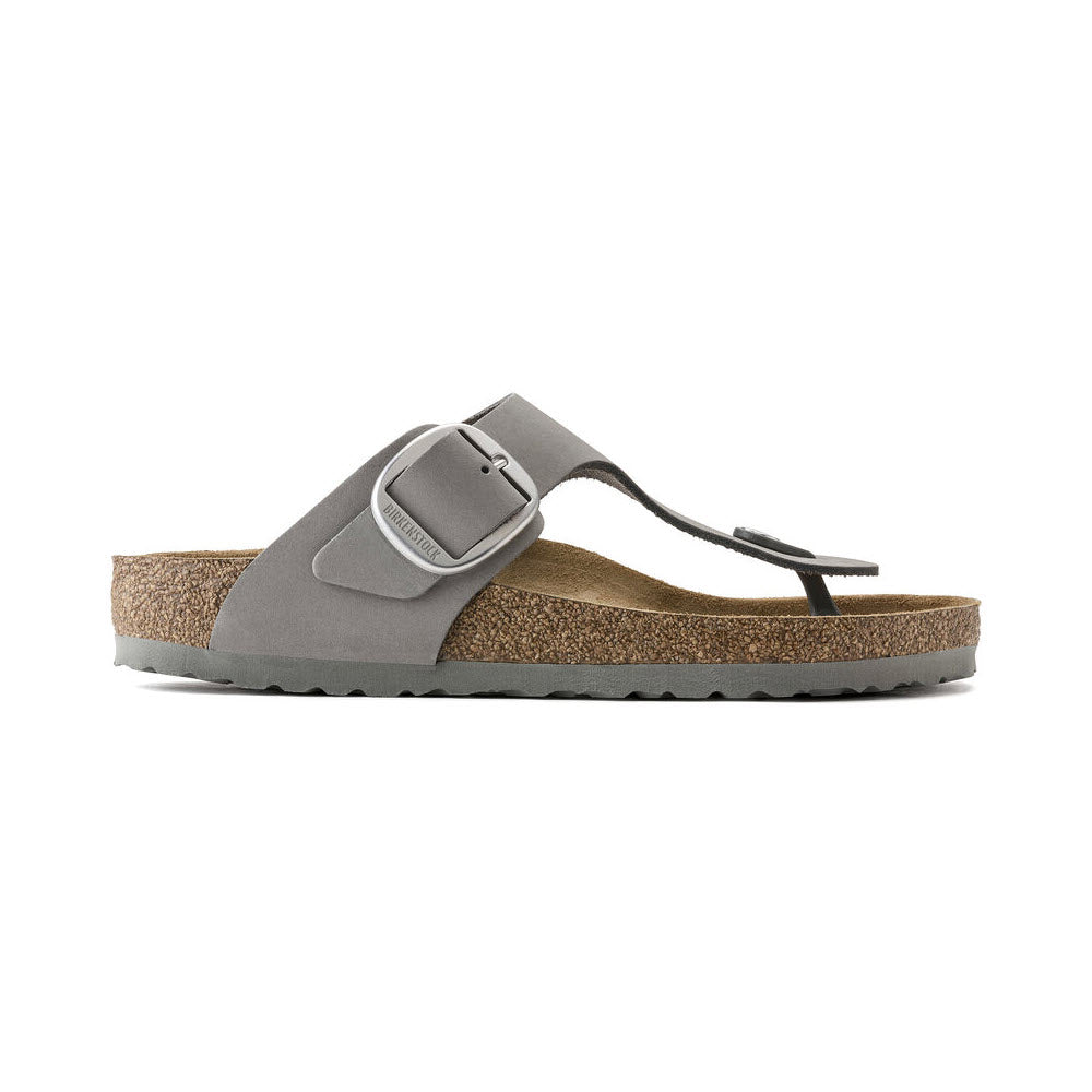 Gray Birkenstock Gizeh Big Buckle thong sandal with cork footbed and black outsole on a white background.