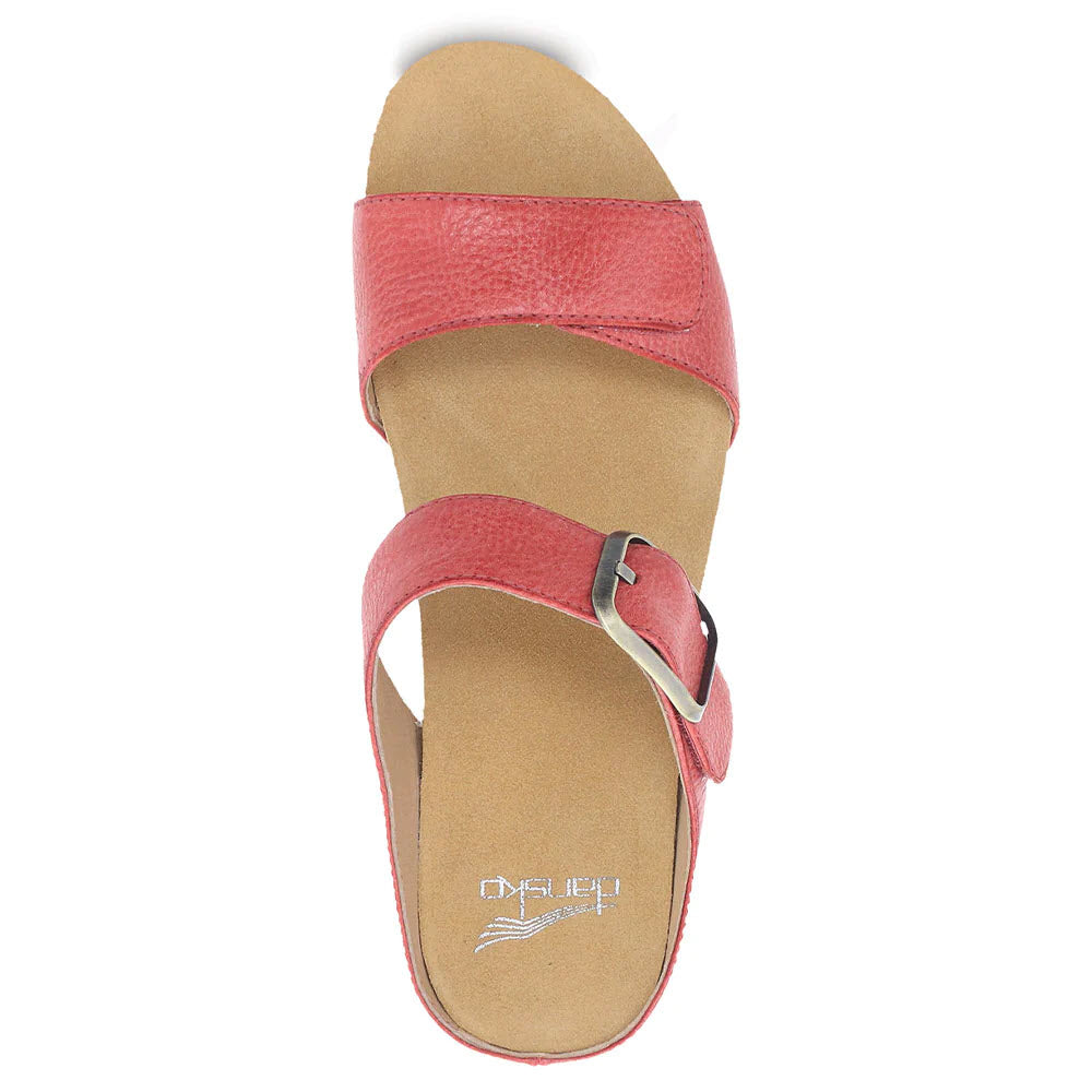 Top view of the Dansko Tanya Coral Double Strap Slide Sandal with two straps, one featuring a buckle, on a white background.
