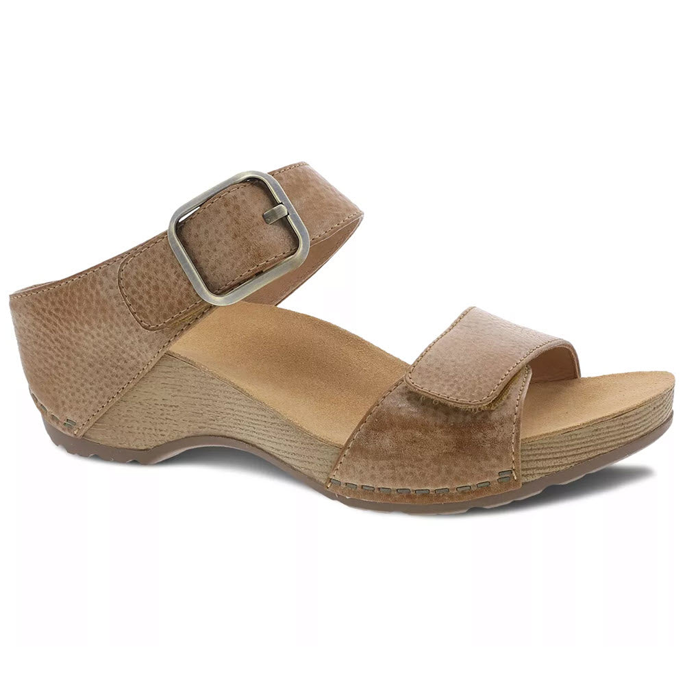 A single brown burnished leather Dansko Tanya Tan sandal with an adjustable buckle on a white background.
