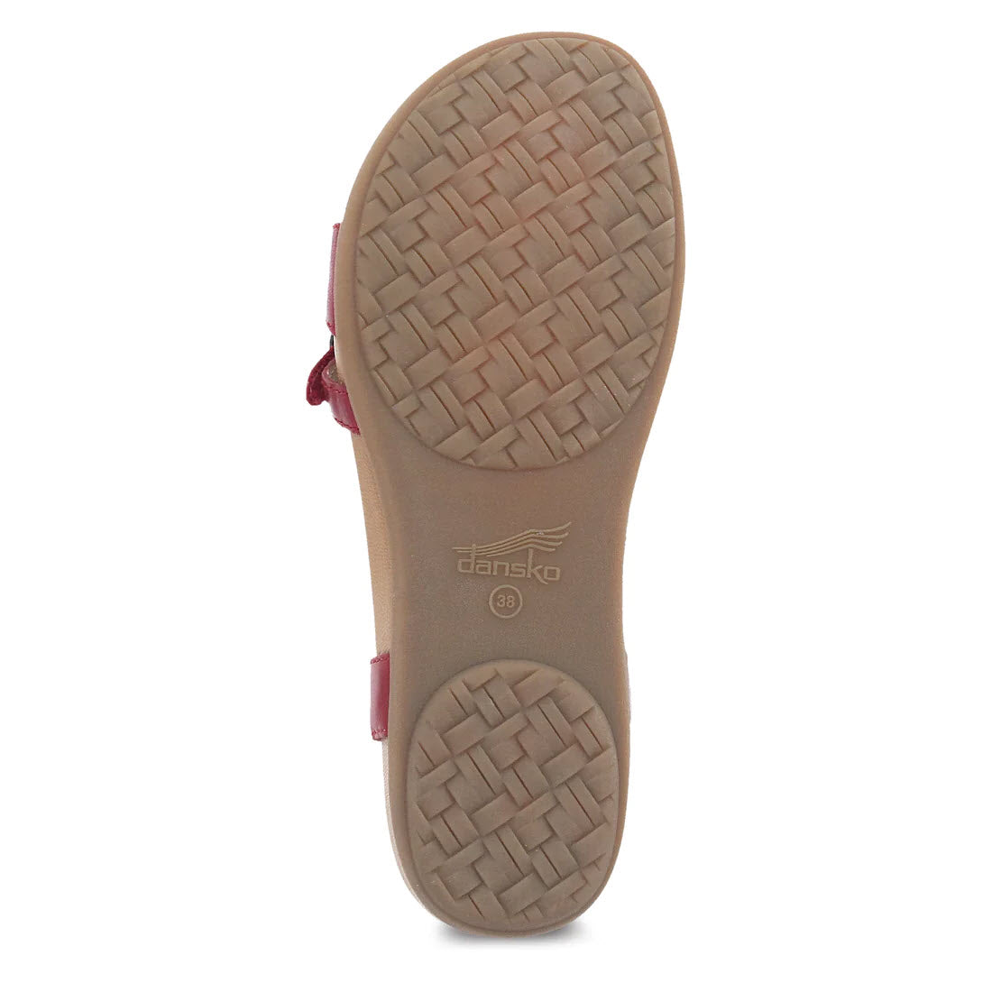 Bottom view of a DANSKO JANELLE RED GLAZED - WOMENS showing a lightweight rubber outsole with the Dansko logo embossed near the heel.