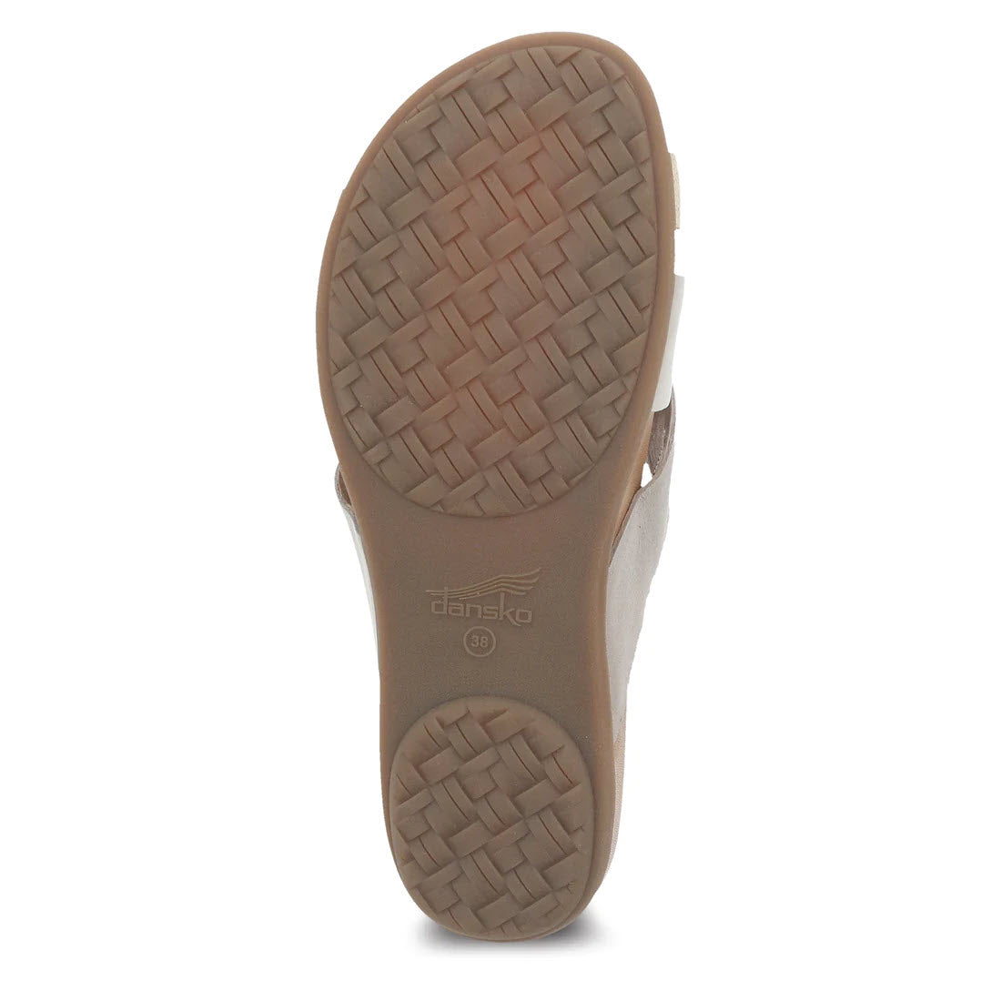Bottom view of a Dansko Joanna Sand Multi womens slide sandal displaying a textured sole with the brand name &#39;Dansko&#39; embossed.