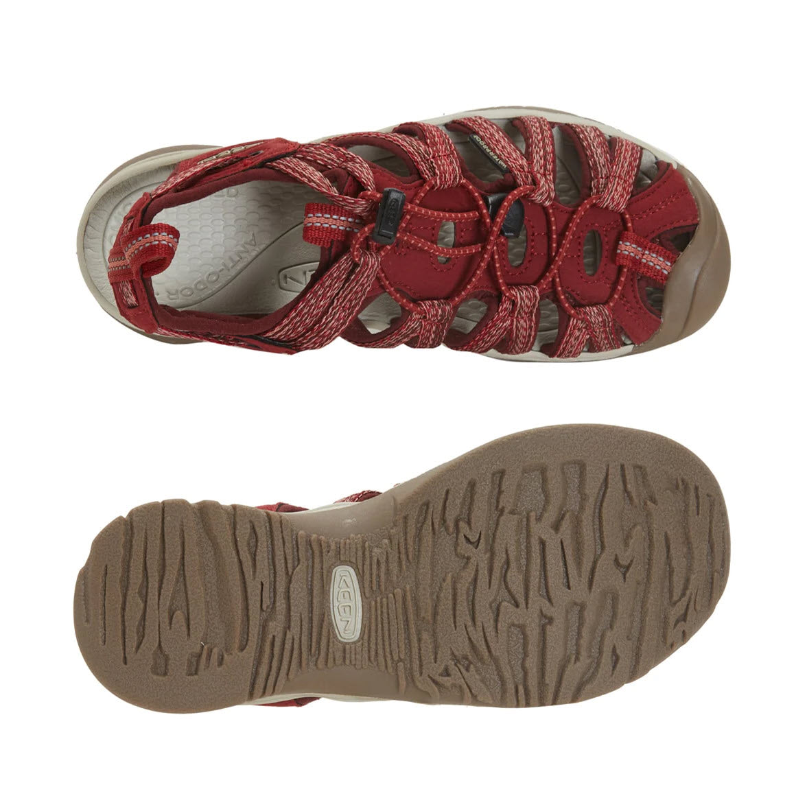 Top and bottom views of a Keen Whisper Red Dahlia - Womens sport sandal designed for maximum comfort, featuring a gray insole and detailed brown rubber sole.