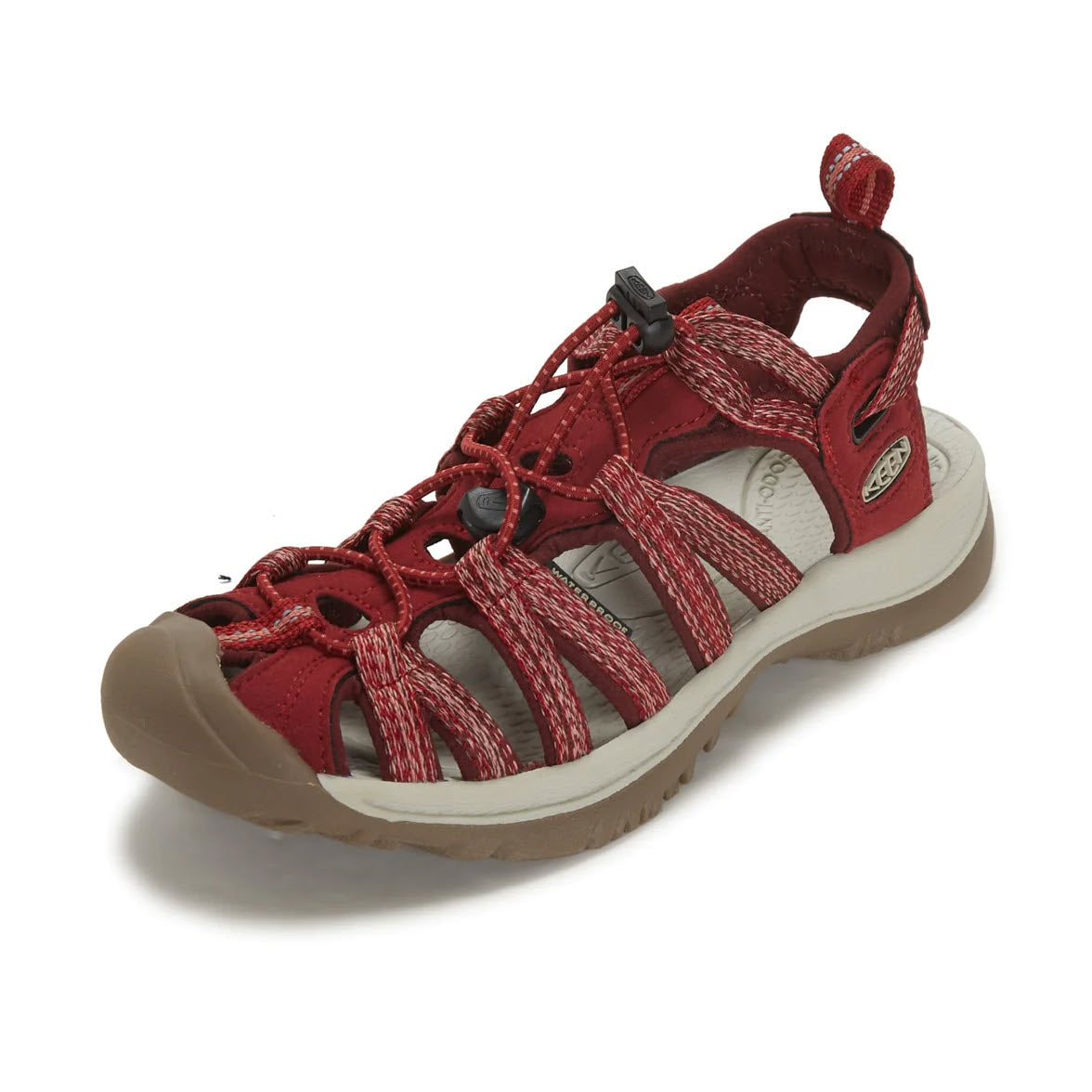 Red and beige Keen Whisper Red Dahlia women&#39;s water sport sandal with adjustable straps on a white background.