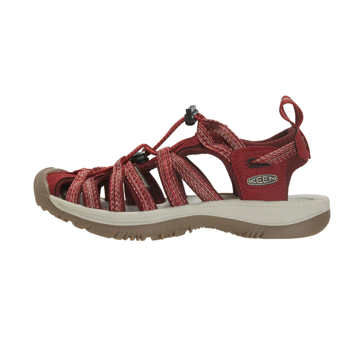 Keen Whisper Red Dahlia - Womens athletic sandal with adjustable straps and a women-specific fit, displayed on a white background.