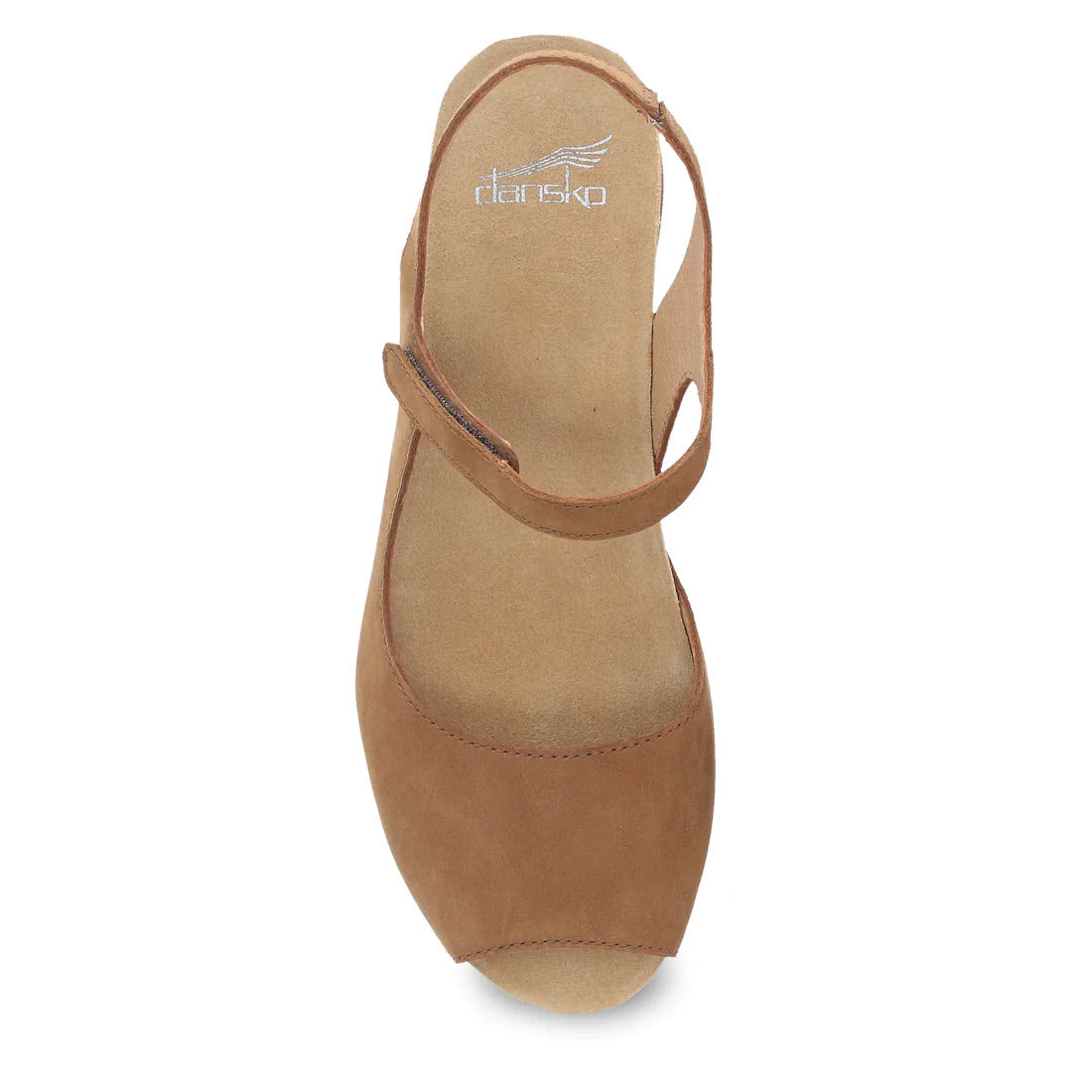 Top view of a single brown suede Dansko Marcy Wedge sandal with a t-strap design on a white background.