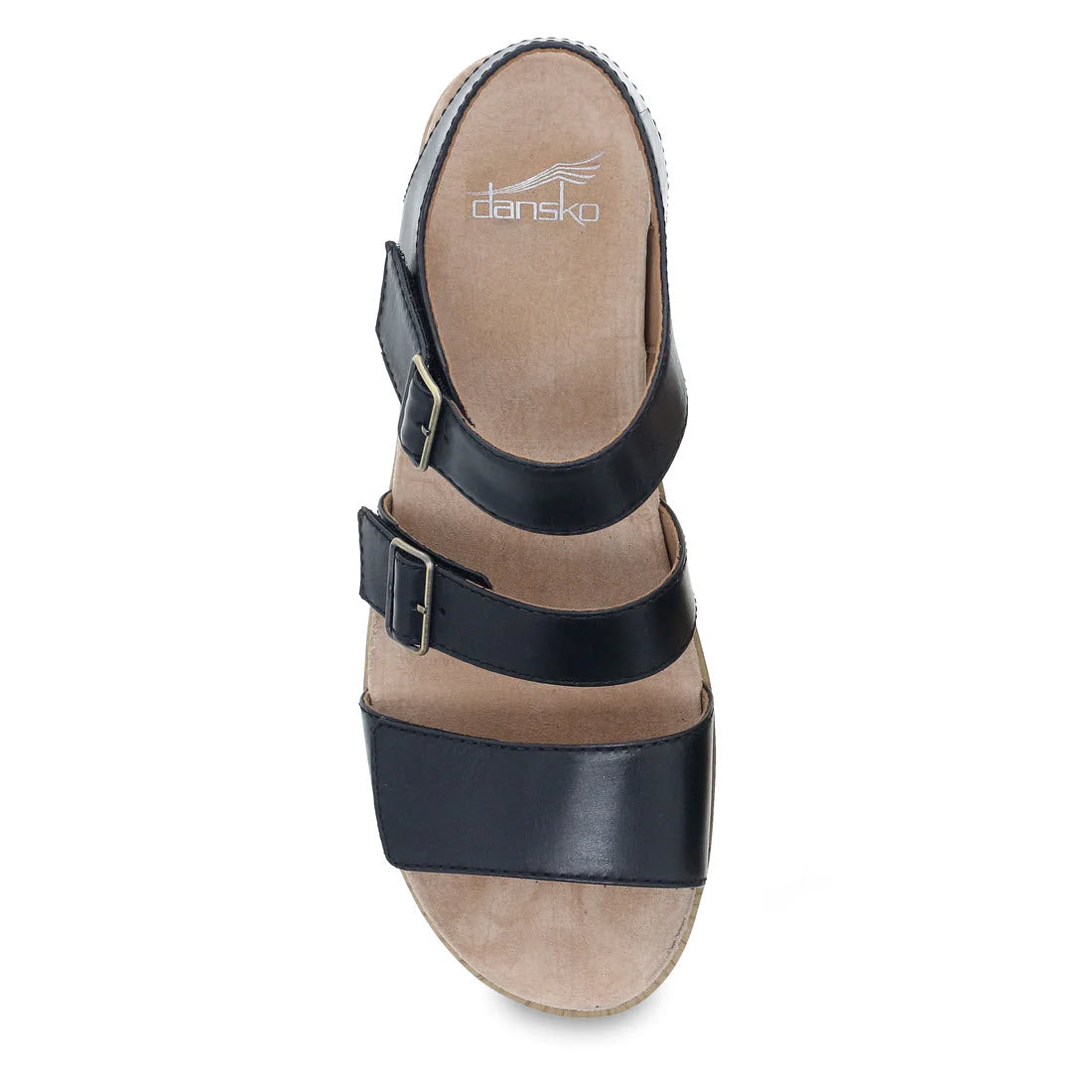 A top view of a black Dansko Malena sandal with triple strap buckles and a tan insole, isolated on a white background.