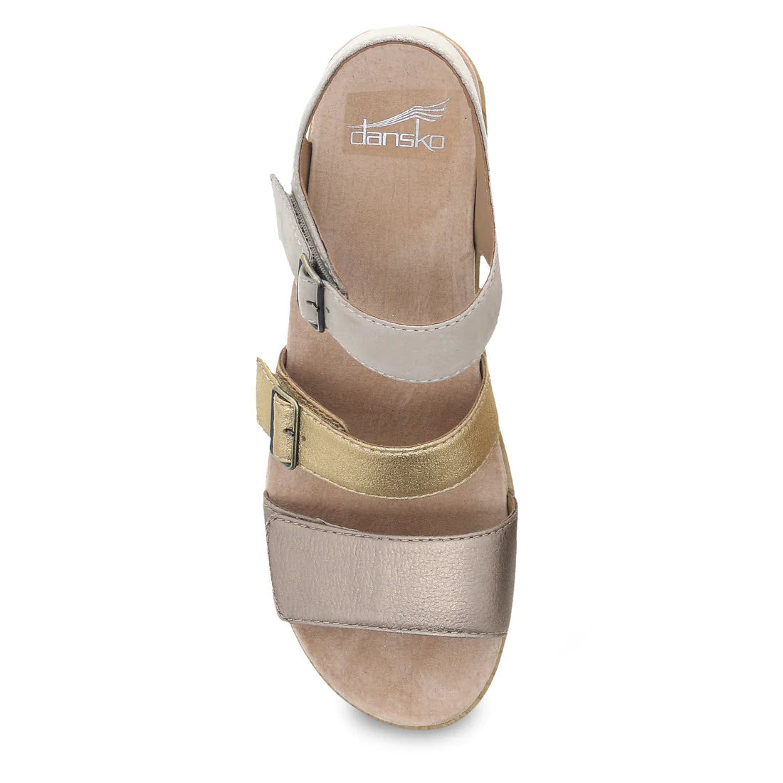 Top view of a Dansko Malena Metallic Multi women&#39;s triple strap sandal with metallic and beige leather straps and buckles on a white background.