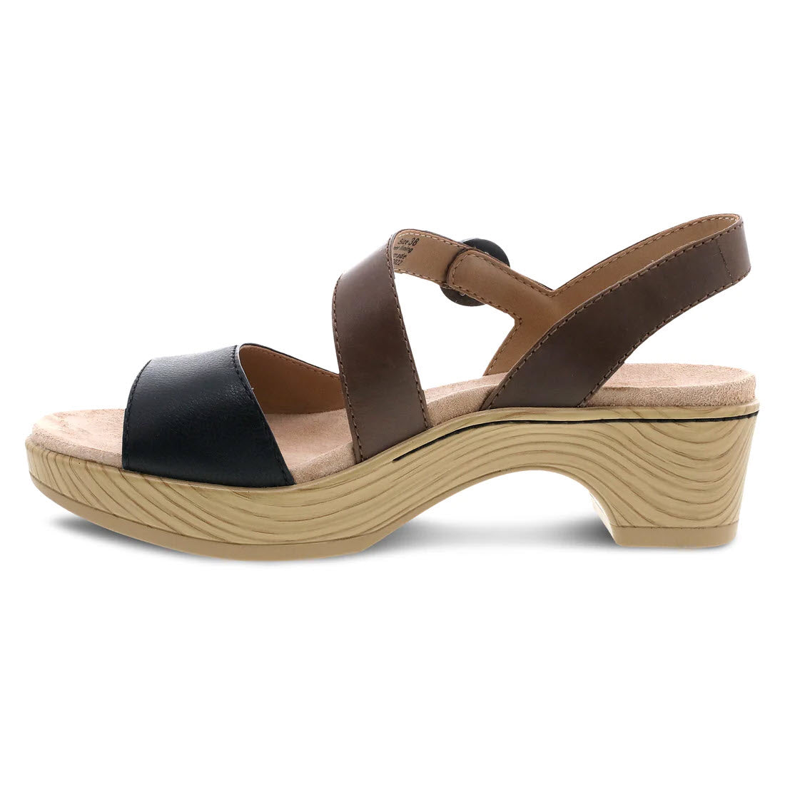 Side view of a DANSKO MARJORY BLACK NAPPA - WOMENS leather sandal with an asymmetrical strap and a chunky wooden platform sole.