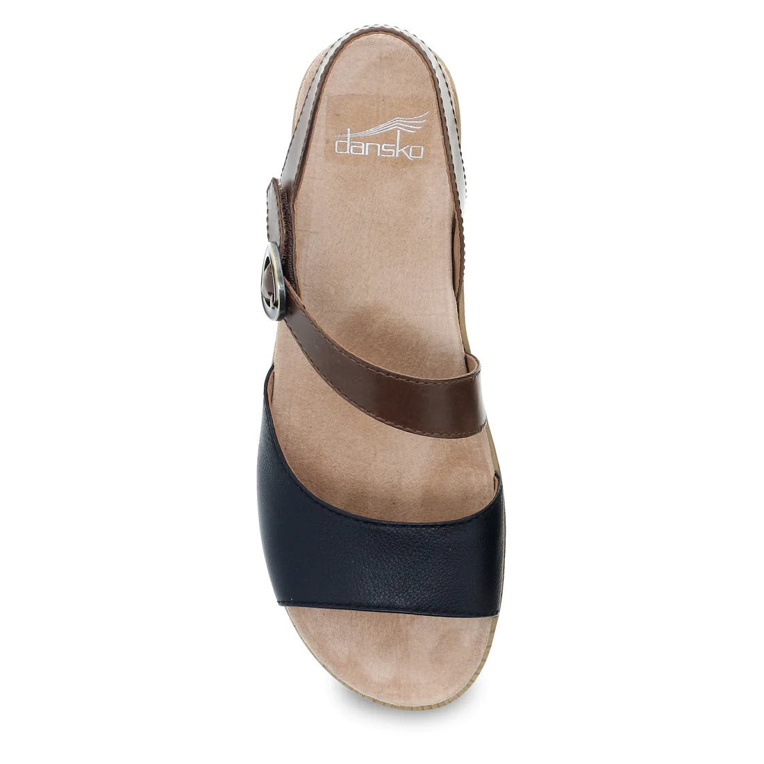 Top view of a two-tone Dansko Marjory Black Nappa sandal with asymmetrical brown and black leather straps and a circular buckle.