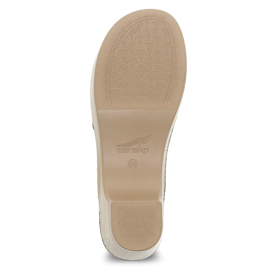 View of the sole of a light brown Dansko leather sandal, displayed vertically and featuring circular grip patterns and a logo imprint.